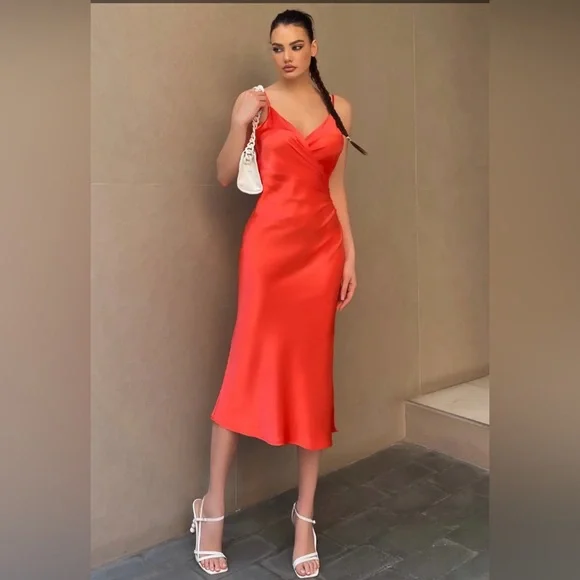 Fashion Nova | Dresses | Red Orange Satin Midi Dress Fashion Nova Nwt |  Poshmark